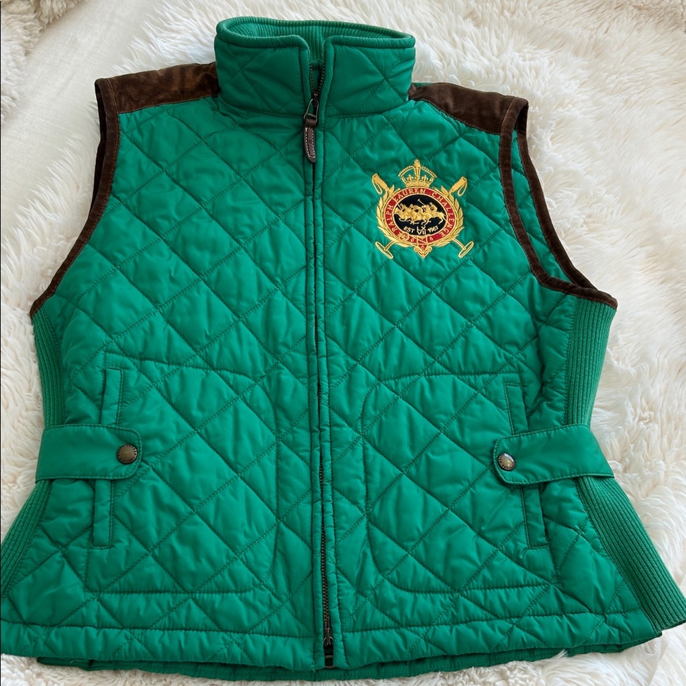 Ralph Lauren Quilted Green Crest Vest with Brown suede Trim XL
